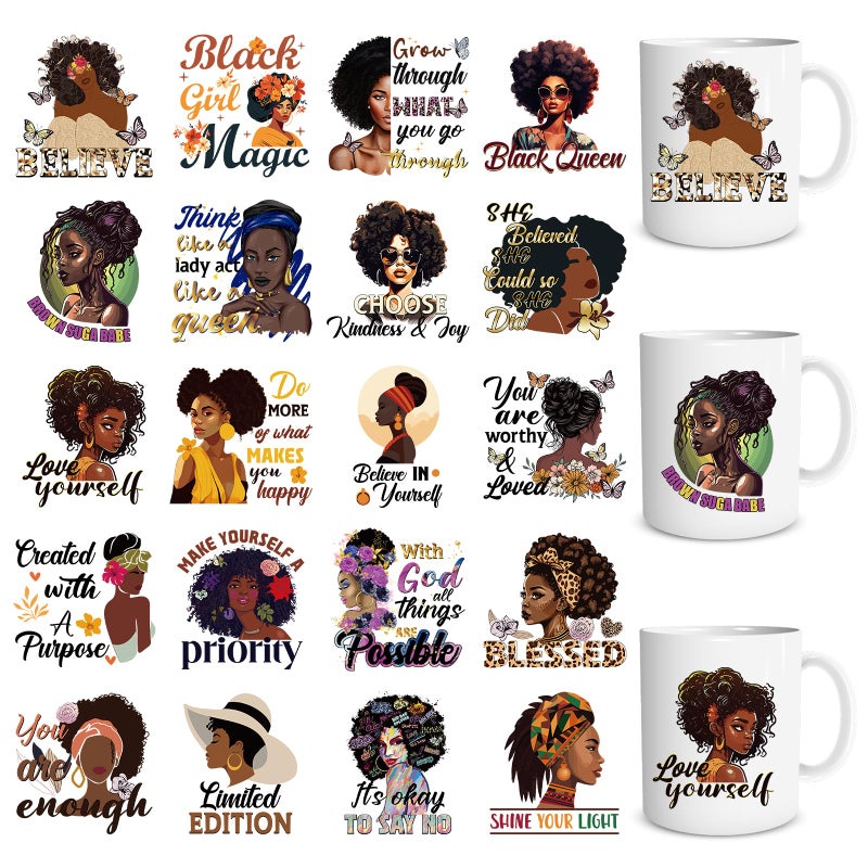 Shejdgart UV DTF Cup Wrap 20 Sheets African American Women UV DTF Cup Wraps for 16 OZ Black Women UVDTF Cup Wraps Affirmation Waterproof UV DTF Transfer Stickers for Glass Cup Mug Wood DIY Crafts