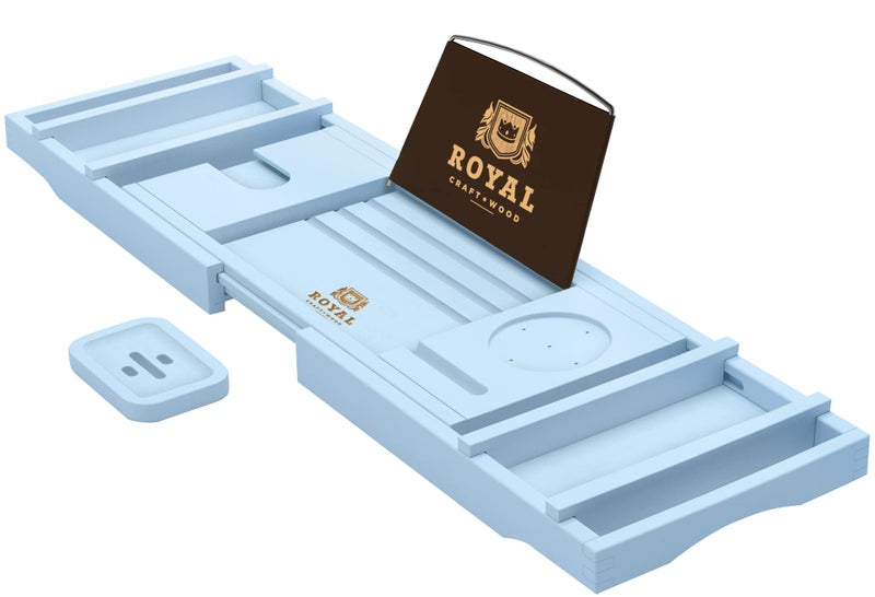 Royal Craft Wood ROYAL CRAFT WOOD Luxury Bathtub Caddy Tray One or Two Person Bath and Bed Tray Bonus Free Soap Holder Blue 