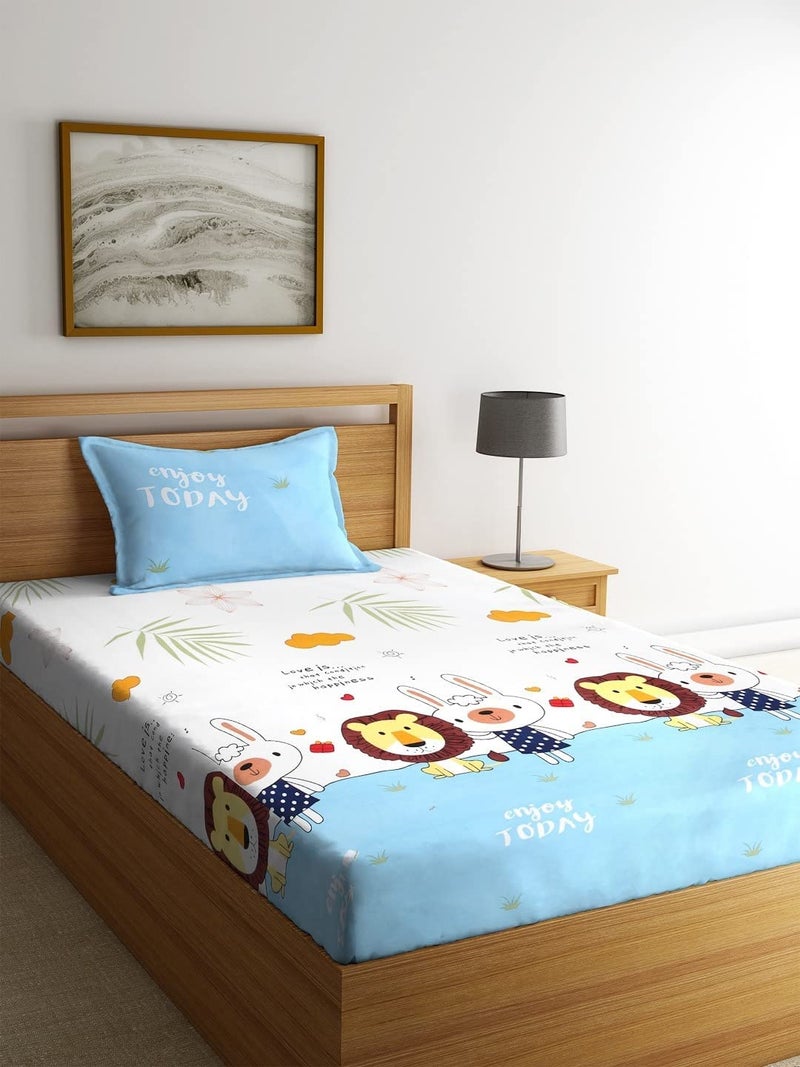 KitchDeco Kitch Deco™ Glace Cotton Nursery Print Single Bed Reversible Kids Comforter Set(1 Single Bed Comforter,1 Single Bedsheet & 1 Pillow Cover, 180 TC) (Blue Lion) - Image 1