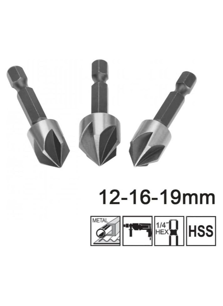 INGCO Countersink Bit Set - 3pcs, 12mm, 16mm, 19mm, 90° Angle, High-Speed Steel (HSS) - DBCS0031  - Image 2