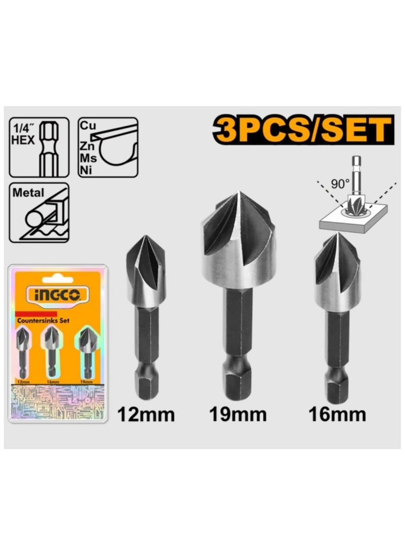 INGCO Countersink Bit Set - 3pcs, 12mm, 16mm, 19mm, 90° Angle, High-Speed Steel (HSS) - DBCS0031  - Image 3