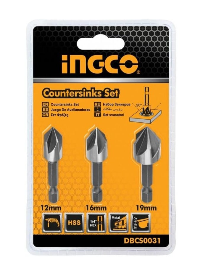 INGCO Countersink Bit Set - 3pcs, 12mm, 16mm, 19mm, 90° Angle, High-Speed Steel (HSS) - DBCS0031  - Image 1