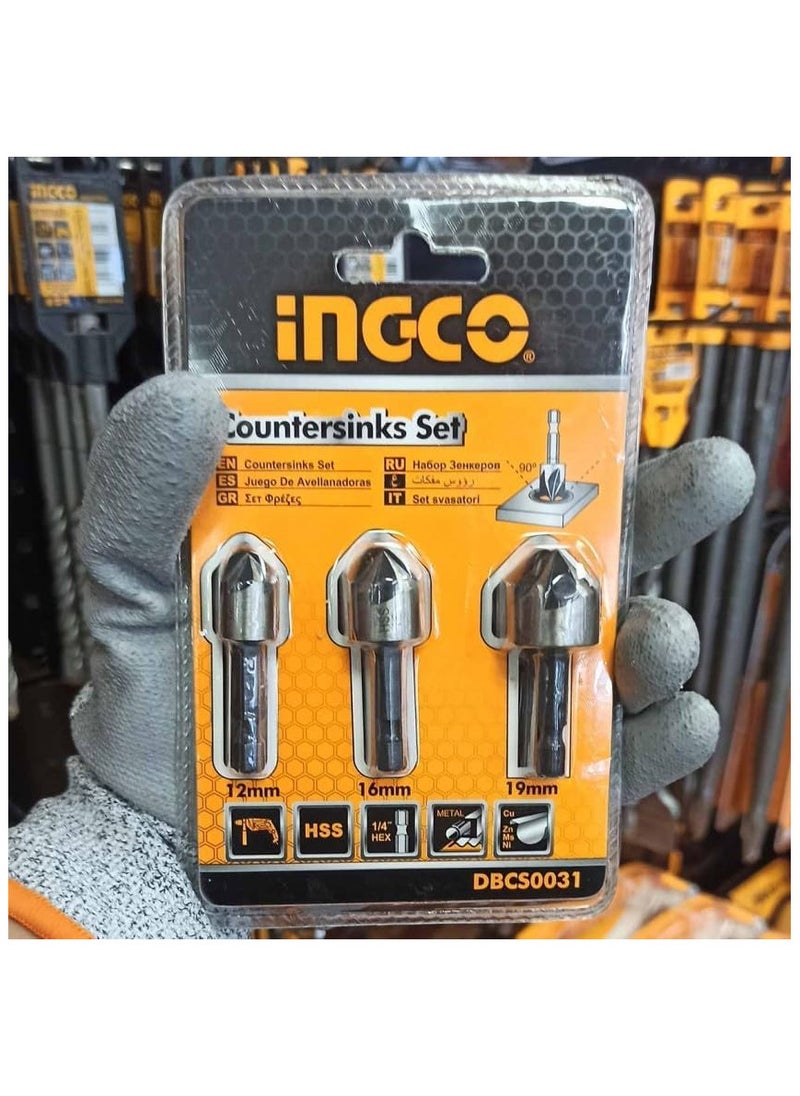 INGCO Countersink Bit Set - 3pcs, 12mm, 16mm, 19mm, 90° Angle, High-Speed Steel (HSS) - DBCS0031  - Image 4