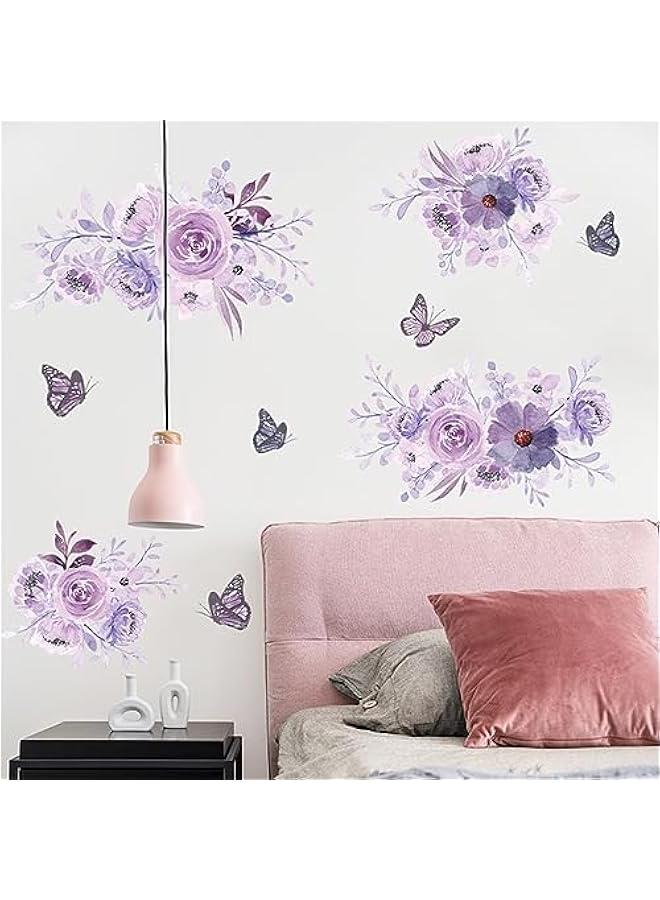 Purple Flower Wall Stickers DIY Watercolor Flowers erfly Wall Decals Beautiful Floral Nature Plant Vinyl Removable Wall Decor Posters for Teens Girls Room Living Room - Image 2