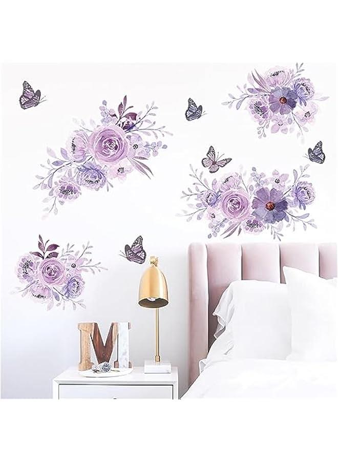 Purple Flower Wall Stickers DIY Watercolor Flowers erfly Wall Decals Beautiful Floral Nature Plant Vinyl Removable Wall Decor Posters for Teens Girls Room Living Room - Image 3