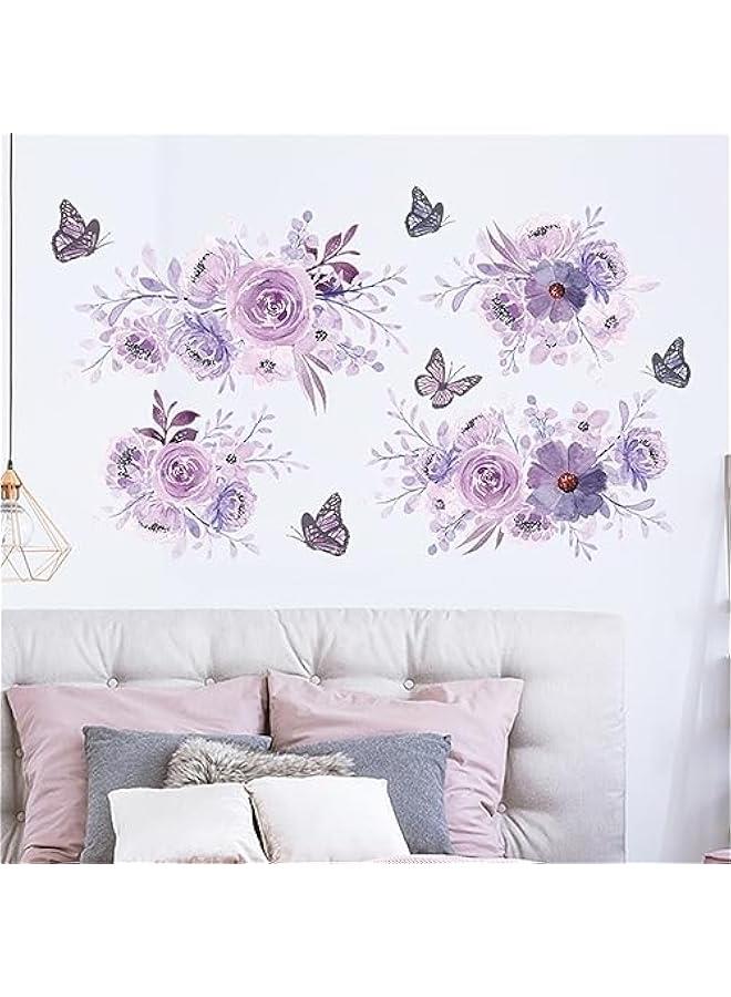 Purple Flower Wall Stickers DIY Watercolor Flowers erfly Wall Decals Beautiful Floral Nature Plant Vinyl Removable Wall Decor Posters for Teens Girls Room Living Room - Image 4