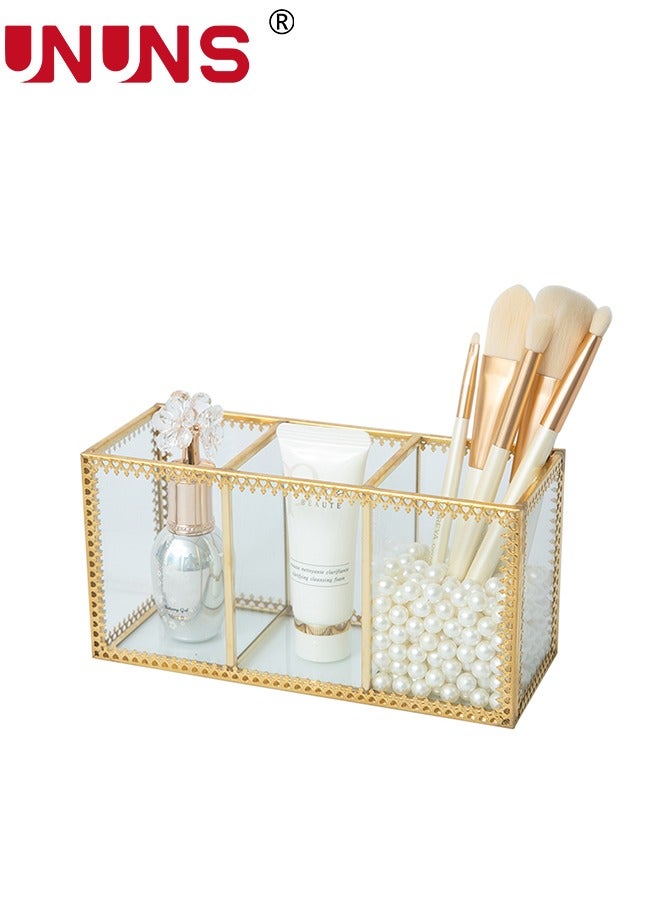 UNUNS منظم مكياج زجاجي ذهبي - حامل عطور ومستحضرات تجميل - حامل فرش مكياج - منظم مجوهرات وعرض مكياج على التسريحة، تخزين مستحضرات تجميل متعددة الوظائف لغرفة النوم، التسريحة، السطح العلوي - Image 1
