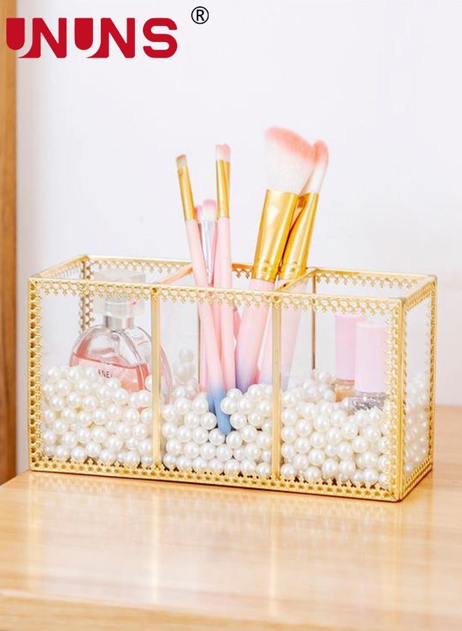 UNUNS منظم مكياج زجاجي ذهبي - حامل عطور ومستحضرات تجميل - حامل فرش مكياج - منظم مجوهرات وعرض مكياج على التسريحة، تخزين مستحضرات تجميل متعددة الوظائف لغرفة النوم، التسريحة، السطح العلوي - Image 4