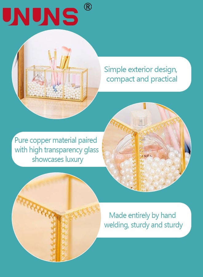 UNUNS منظم مكياج زجاجي ذهبي - حامل عطور ومستحضرات تجميل - حامل فرش مكياج - منظم مجوهرات وعرض مكياج على التسريحة، تخزين مستحضرات تجميل متعددة الوظائف لغرفة النوم، التسريحة، السطح العلوي - Image 5