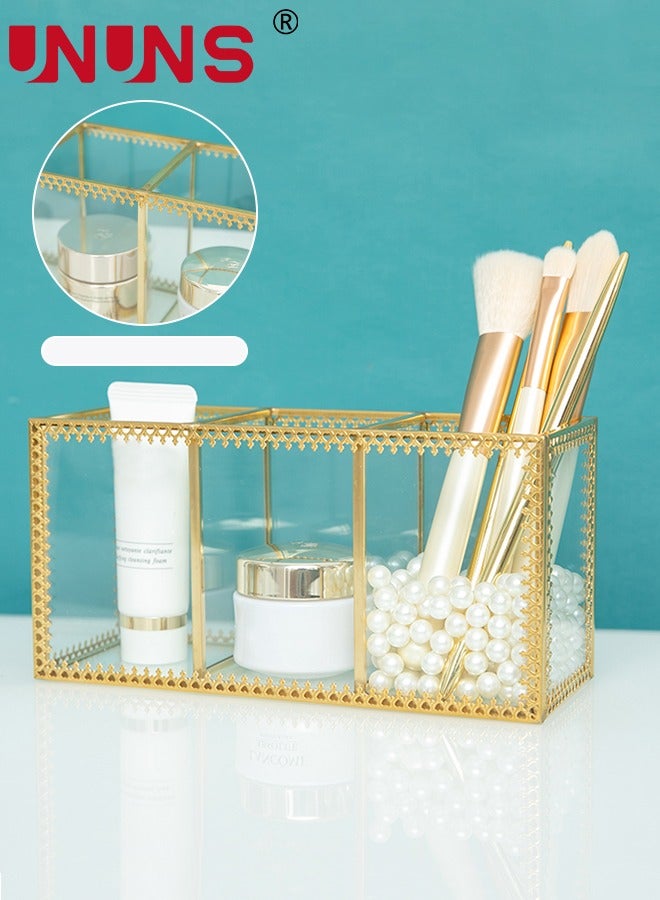 UNUNS منظم مكياج زجاجي ذهبي - حامل عطور ومستحضرات تجميل - حامل فرش مكياج - منظم مجوهرات وعرض مكياج على التسريحة، تخزين مستحضرات تجميل متعددة الوظائف لغرفة النوم، التسريحة، السطح العلوي - Image 3