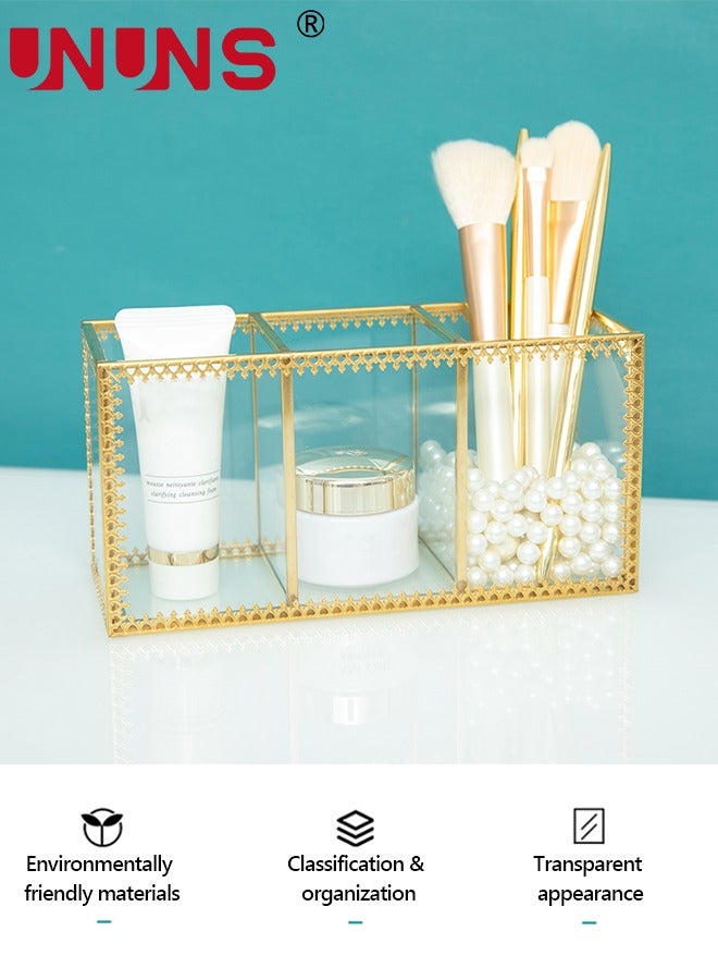 UNUNS منظم مكياج زجاجي ذهبي - حامل عطور ومستحضرات تجميل - حامل فرش مكياج - منظم مجوهرات وعرض مكياج على التسريحة، تخزين مستحضرات تجميل متعددة الوظائف لغرفة النوم، التسريحة، السطح العلوي - Image 2