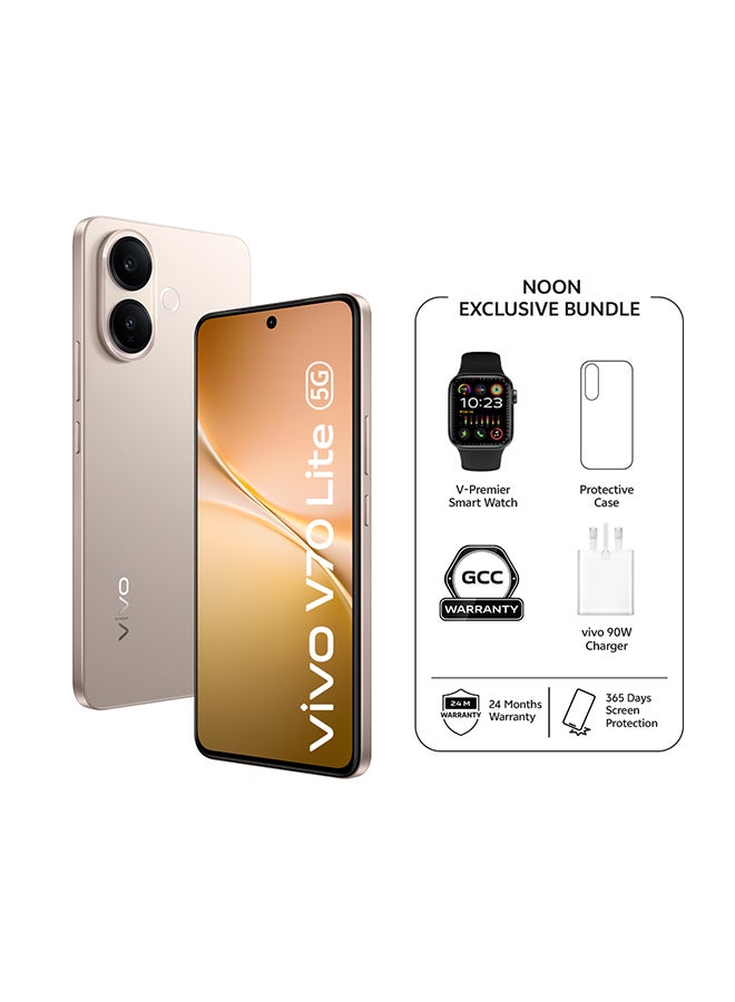 فيفو V70 لايت 5G ثنائي الشريحة ذهبى 8 جيجابايت رام 256 جيجابايت (شاحن 90 واط مدعوم) مع هدايا حصرية ساعة ذكية، ضمان 24 شهر + 1 سنة استبدال الشاشة - نسخة الشرق الأوسط - Image 1