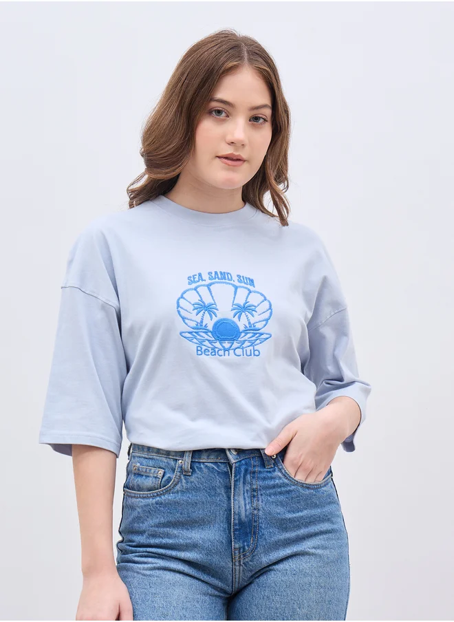 Styli Embroidered Dropped Shoulder Oversized T-Shirt