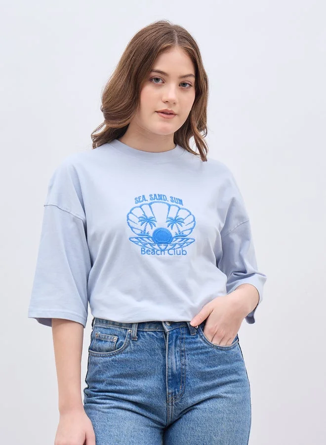 Styli Embroidered Dropped Shoulder Oversized T-Shirt