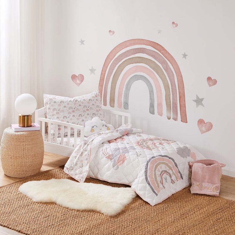 Levtex Baby Levtex Baby  Rainbow Dreams Toddler Bed Set  Pink Grey Taupe Tan and Coral  Rainbow Theme  5 Piece Set  Quilt Fitted Sheet Flat Sheet Pillow Case Decorative Pilow