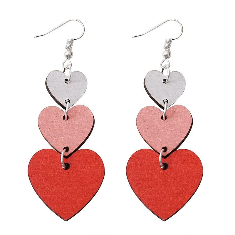 Adoshine Heart Earrings Wood Dangle Earrings Cute 3 Pink Red White Heart Shaped Earrings Women Gift for Women (Valentine's Day Earrings)