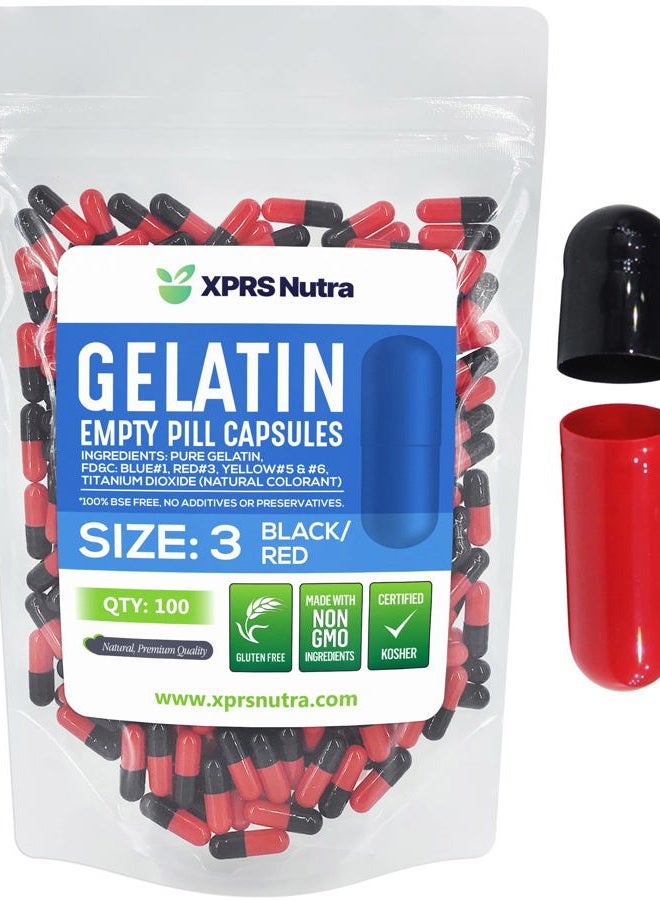 XPRS Nutra Size 3 Empty Capsules - 100 Count Empty Gelatin Capsules - Empty Pill Capsules - DIY Capsule Filling - Pure Bovine Pill Capsules Empty Gel Caps (Black/Red) - Image 1