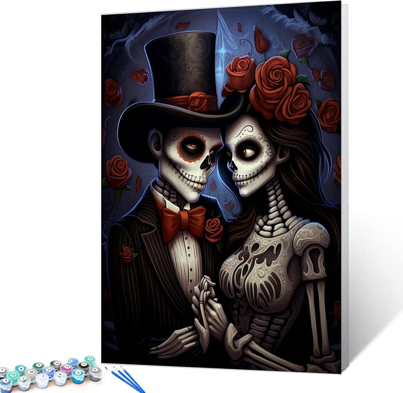 Tucocoo Couple Holding Hands DIY Paint by Numbers for Adults Beginners Day of the Dead Skeleton Couple Painting by Number on Canvas with Brushes and Acrylic Pigment Easy to Paint Without Frame 16 x 20inch - Image 1