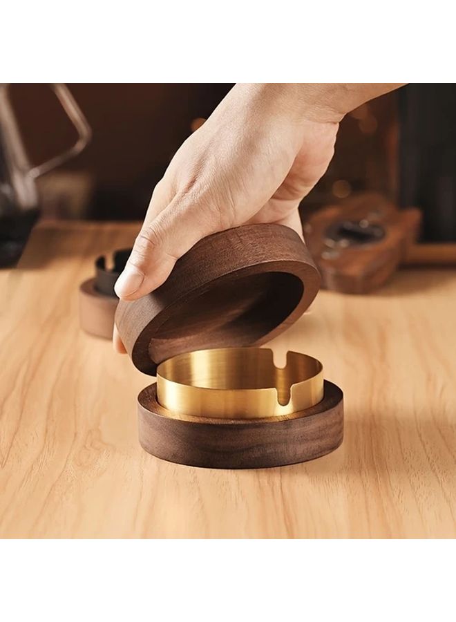 Golden Color Solid Wood Ashtray With Lid Stainless Steel Interior Anti Spill Design Smoke Proof Tray - Image 2