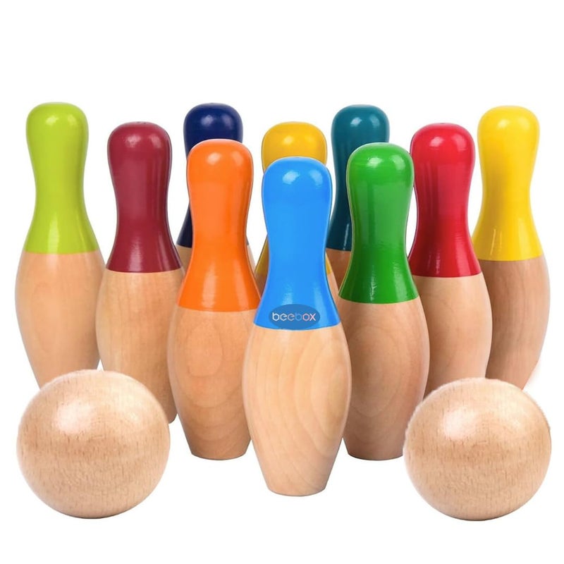 beebox Wooden Bowling Game Set || 10 Pins & 2 Balls || Fun & Safe Colorful Indoor-Outdoor Game for Kids – 20x12.3x6 cm - Image 1
