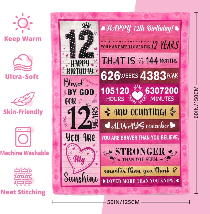 PVDSAVE Best 12th Birthday Gifts for Girls - Gifts for 12 Year Old Girl - 12 Year Old Girl Birthday Gift Ideas for Daughter Granddaughter - Cool Happy 12th Bday Decorations Throw Blanket 50"X60" - Image 4