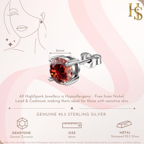 HIGHSPARK 925 Silver Birthstone Solitaire Earrings for Women | 92.5 Sterling Silver and Diamond like Brilliance Sparkling Zirconia | January to December | Lovely Gift - Garnet Jan - Image 2