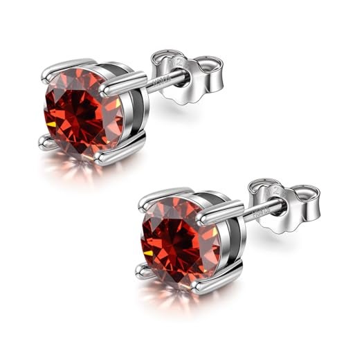 HIGHSPARK 925 Silver Birthstone Solitaire Earrings for Women | 92.5 Sterling Silver and Diamond like Brilliance Sparkling Zirconia | January to December | Lovely Gift - Garnet Jan - Image 1