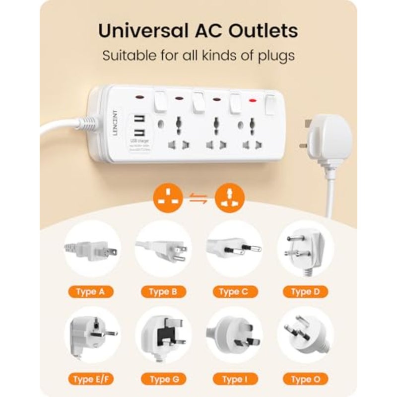 Extension Lead with USB Slots 3-Way Sockets Universal Power Strip For Home Office Travel 1.5m Cable Black ABS Plastic Overload Protection - Image 4