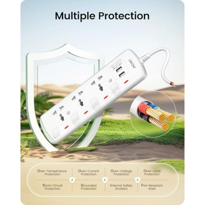 Extension Lead with USB Slots 3-Way Sockets Universal Power Strip For Home Office Travel 1.5m Cable Black ABS Plastic Overload Protection - Image 5