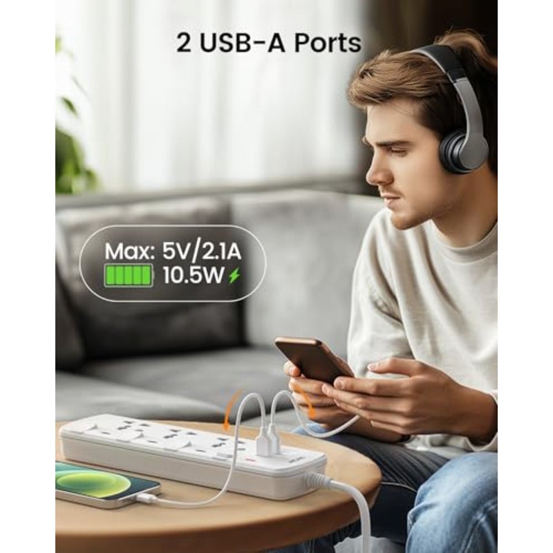 Extension Lead with USB Slots 3-Way Sockets Universal Power Strip For Home Office Travel 1.5m Cable Black ABS Plastic Overload Protection - Image 3