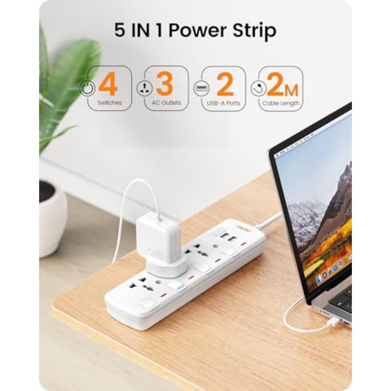 Extension Lead with USB Slots 3-Way Sockets Universal Power Strip For Home Office Travel 1.5m Cable Black ABS Plastic Overload Protection - Image 2