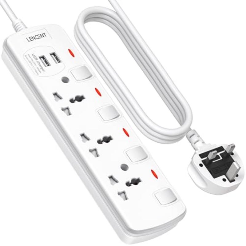 Extension Lead with USB Slots 3-Way Sockets Universal Power Strip For Home Office Travel 1.5m Cable Black ABS Plastic Overload Protection - Image 1