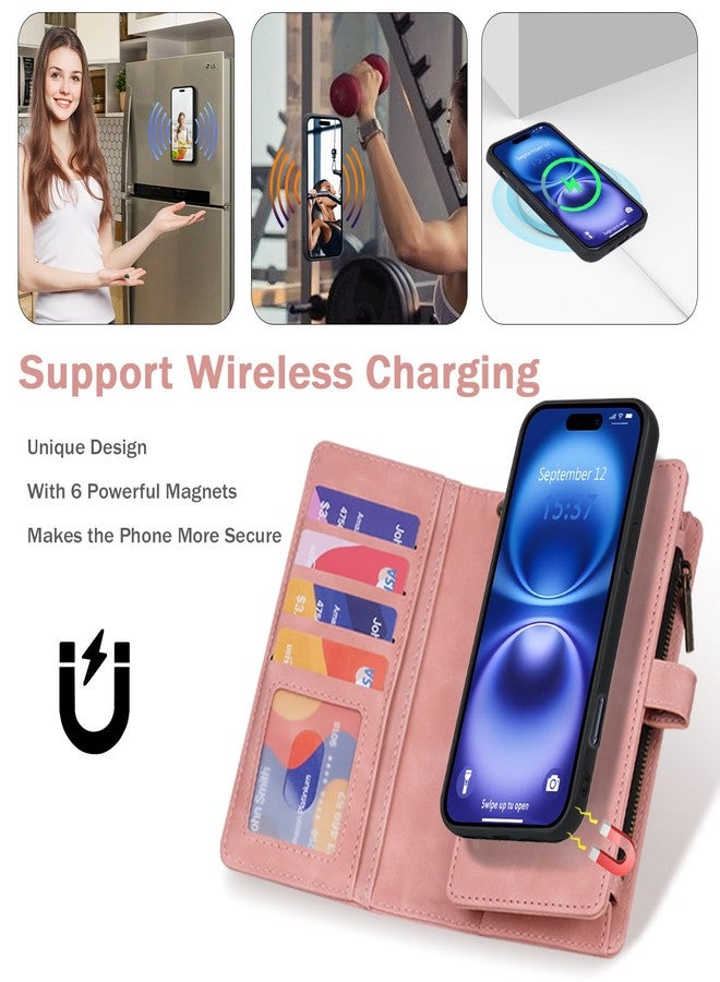 TwoHead Wallet Case Compatible with iPhone 16, Magnetic Detachable Case, Full Protective PU Leather Case with Card Holder and Change Pocket, 6.1 inch, Pink - Image 3