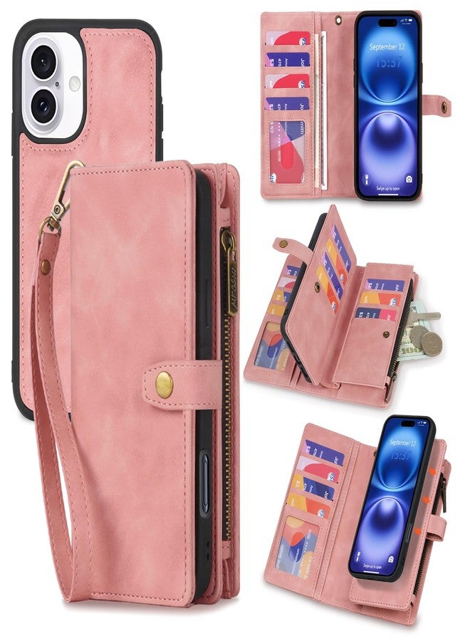 TwoHead Wallet Case Compatible with iPhone 16, Magnetic Detachable Case, Full Protective PU Leather Case with Card Holder and Change Pocket, 6.1 inch, Pink - Image 1