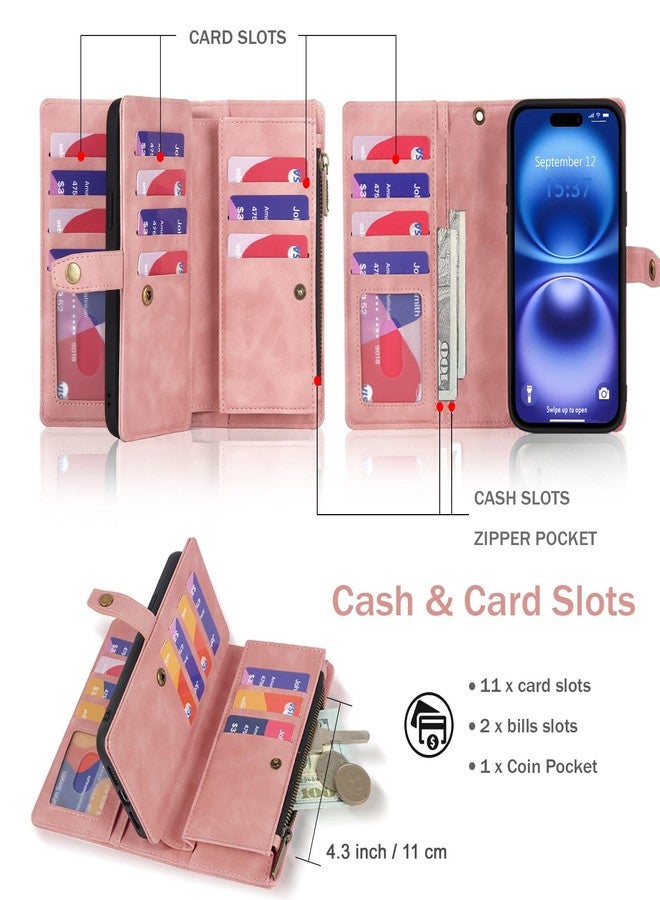TwoHead Wallet Case Compatible with iPhone 16, Magnetic Detachable Case, Full Protective PU Leather Case with Card Holder and Change Pocket, 6.1 inch, Pink - Image 4