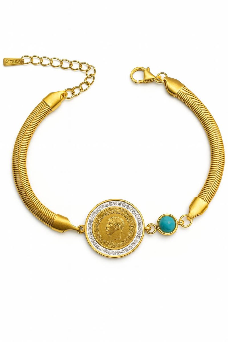 FLUFFY Women’s Bracelet, Engraved Medallion, Crystal & Turquoise - Image 3