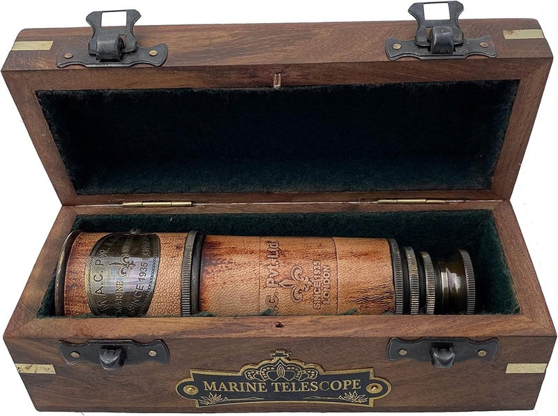 OCEAN REPLICAS Telescope Maritime Sailors Masterpiece – 14" Handheld Brass Spyglass with Wooden Box – Nautical Pirate Scope – Vintage Marine Telescope for Collectors, Decor & Gifts - Image 3