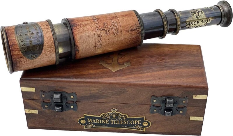 OCEAN REPLICAS Telescope Maritime Sailors Masterpiece – 14" Handheld Brass Spyglass with Wooden Box – Nautical Pirate Scope – Vintage Marine Telescope for Collectors, Decor & Gifts - Image 1