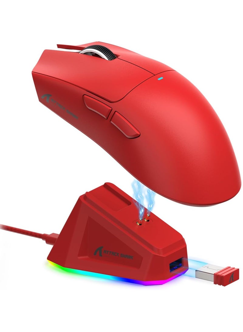 Attack Shark Ultra-light gaming mouse X11 weighing 63g, supports 3 connection modes (USB-C wired, Bluetooth 5.0, 2.4GHz wireless), high-precision PixArt 3311 sensor up to 22000 DPI, one-touch magnetic charging base with customizable RGB lighting, Huano buttons lasting up to 20 million clicks with smooth and fast performance, ergonomic and responsive design for gamers and designers, ideal for PC, Mac and multi tasking - Red  - Image 1