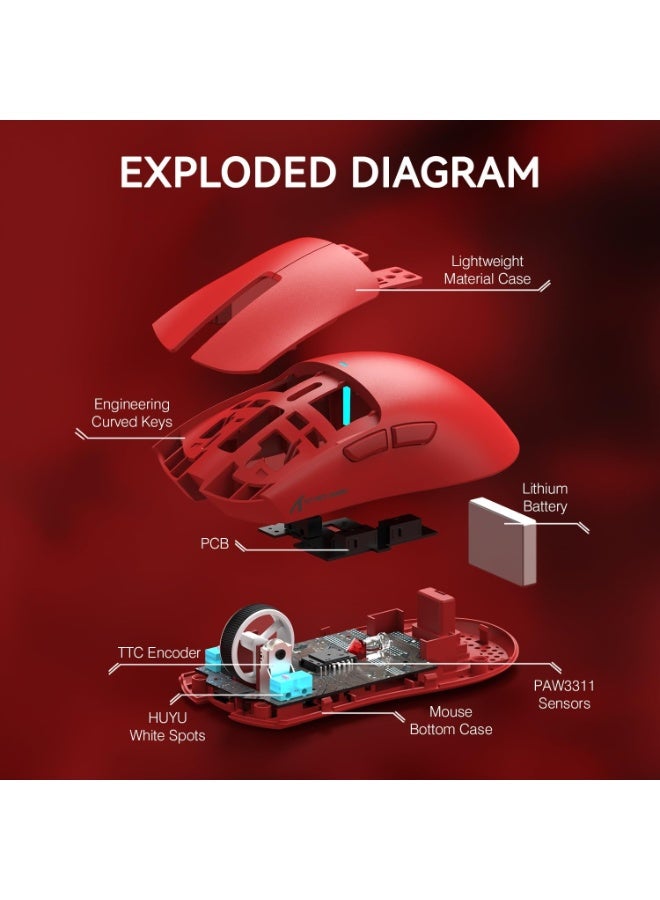 Attack Shark Ultra-light gaming mouse X11 weighing 63g, supports 3 connection modes (USB-C wired, Bluetooth 5.0, 2.4GHz wireless), high-precision PixArt 3311 sensor up to 22000 DPI, one-touch magnetic charging base with customizable RGB lighting, Huano buttons lasting up to 20 million clicks with smooth and fast performance, ergonomic and responsive design for gamers and designers, ideal for PC, Mac and multi tasking - Red  - Image 4
