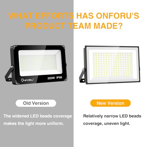 Onforu 200W LED Flood Lights Outdoor, 18000LM Bright Security Light, IP66 Waterproof Outdoor LED Lights, 6500K Daylight White Floodlight for Garage, Yard, Garden, Stadium, Playground, Arena(2 Pack) - Image 3