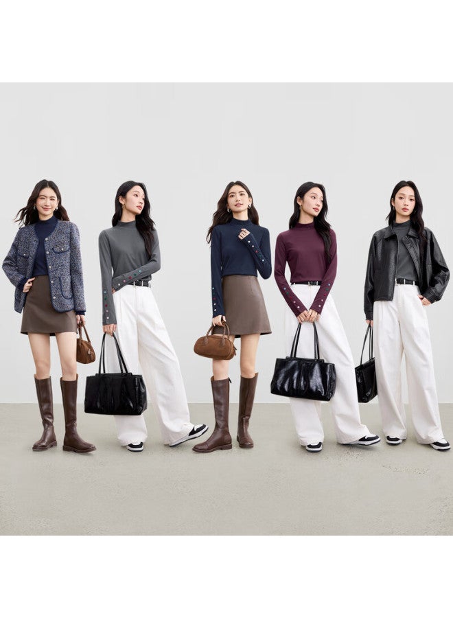Sentubila Minimalist Commuter Half Turtleneck Ribbed Long Sleeve Stretch Base Shirt With Candy Buttons For Women Autumn