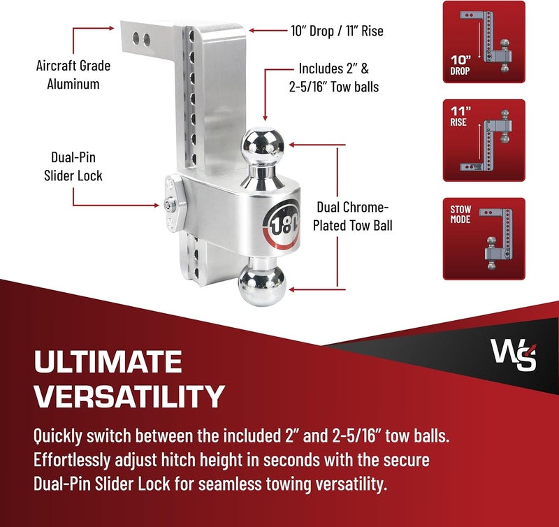 Weigh Safe 180 HITCH CTB10-2 Aluminum Adjustable 10" Drop & Chromed Steel Ball for 2" Receiver, 12,500 GTW - Image 4