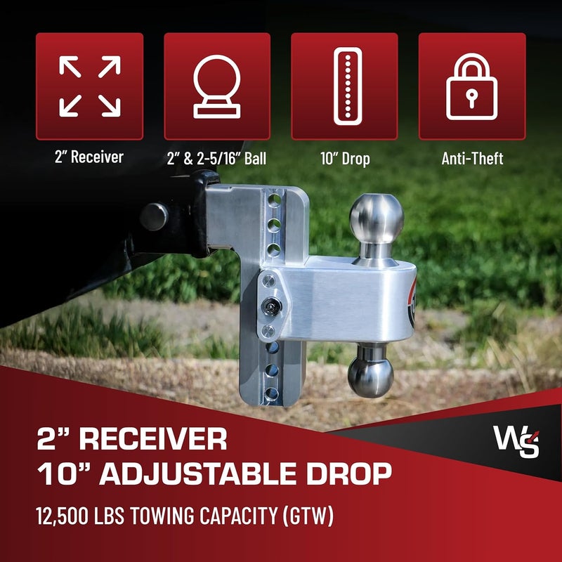 Weigh Safe 180 HITCH CTB10-2 Aluminum Adjustable 10" Drop & Chromed Steel Ball for 2" Receiver, 12,500 GTW - Image 2