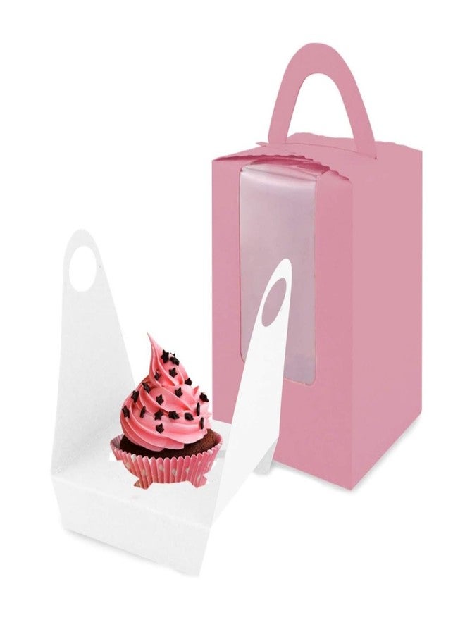 KUPOO Cupcake Boxes，30pcs Single Cupcake Boxes Individual Cupcake Pastry Containers，Single Cupcake Carrier with Window Insert and Handle for Wedding Birthday Party Treats Gift Packaging Boxes (Pink)