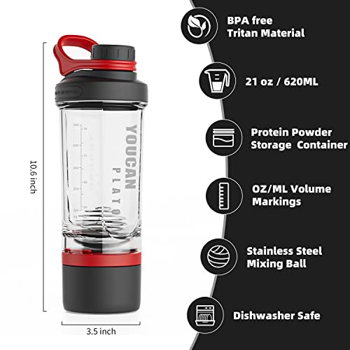 youcanplato 21oz Protein Shaker Bottle with Powder Storage Container-Shaker Cups for Protein Shakes-pre workout bottle-Mixer Cup-Gym Sport Water Bottle -Made with Tritan BPA Free,with Wire Whisk Balls,Red - Image 3