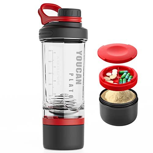 youcanplato 21oz Protein Shaker Bottle with Powder Storage Container-Shaker Cups for Protein Shakes-pre workout bottle-Mixer Cup-Gym Sport Water Bottle -Made with Tritan BPA Free,with Wire Whisk Balls,Red - Image 1