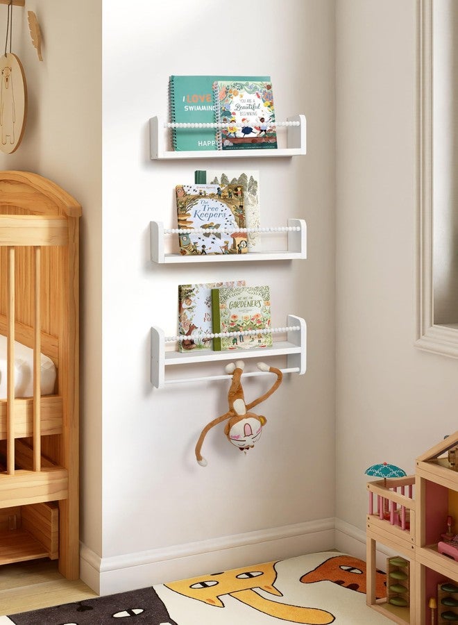 Maxpeuvon Nursery Bookshelves Set of 3, Natural Wood Nursery Floating Shelves Wall Mount Storage Shelf with Towel Bar Hainging Bookshelf for Kids Room Bedroom Living Room Decor, White - Image 3
