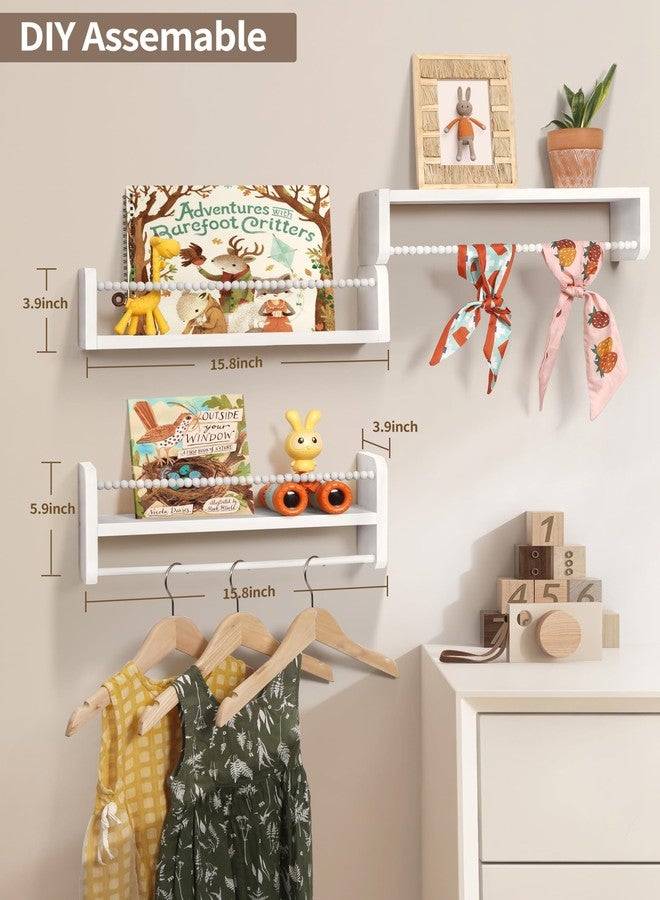 Maxpeuvon Nursery Bookshelves Set of 3, Natural Wood Nursery Floating Shelves Wall Mount Storage Shelf with Towel Bar Hainging Bookshelf for Kids Room Bedroom Living Room Decor, White - Image 4
