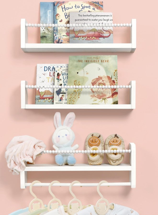 Maxpeuvon Nursery Bookshelves Set of 3, Natural Wood Nursery Floating Shelves Wall Mount Storage Shelf with Towel Bar Hainging Bookshelf for Kids Room Bedroom Living Room Decor, White - Image 1